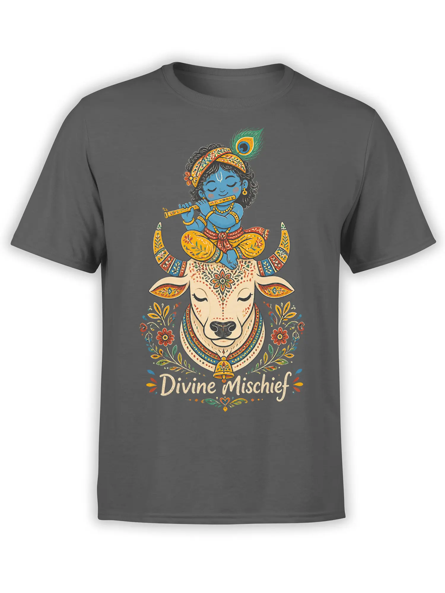 Divine Mischief gray T-shirt with a blue flute player above a decorated cream cow