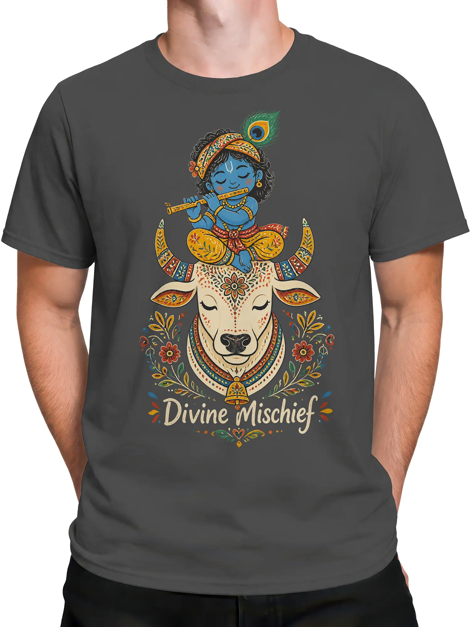 Male torso wearing a gray cow graphic T-shirt with a blue flute player and floral artwork