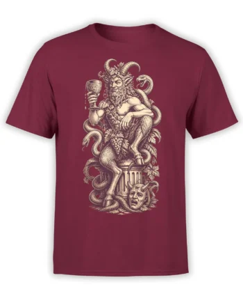 Vintage satyr graphic with snakes, grapes, and goblet on a burgundy T-shirt