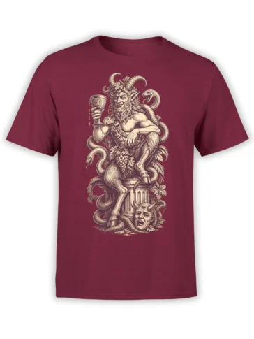 Vintage satyr graphic with snakes, grapes, and goblet on a burgundy T-shirt
