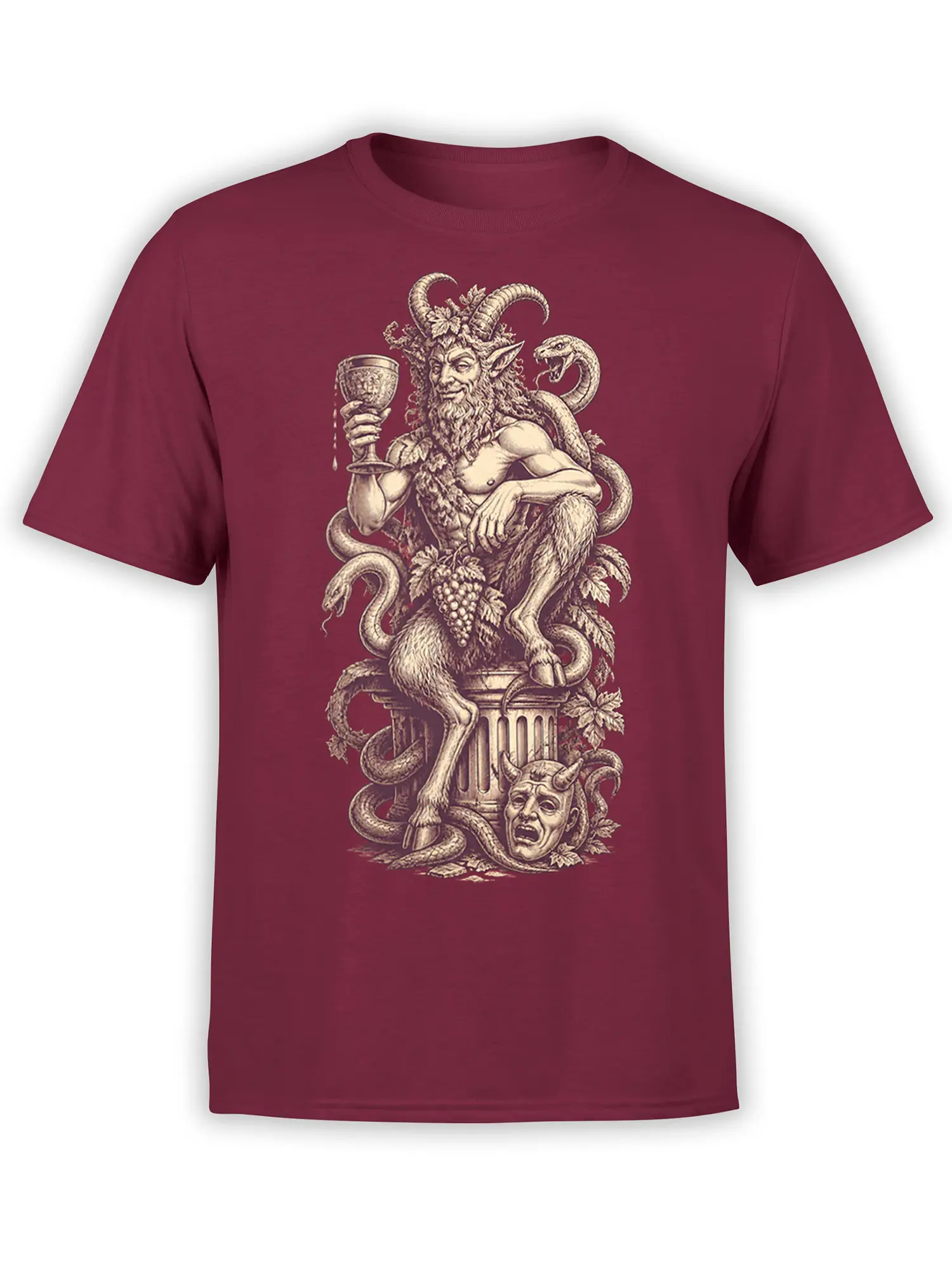 Vintage satyr graphic with snakes, grapes, and goblet on a burgundy T-shirt