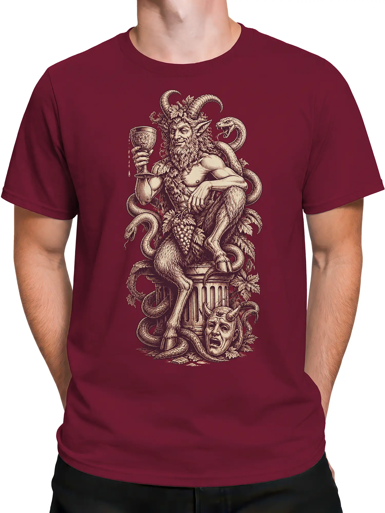 Male torso wearing burgundy T-shirt with horned satyr, snakes, grapes, and goblet design