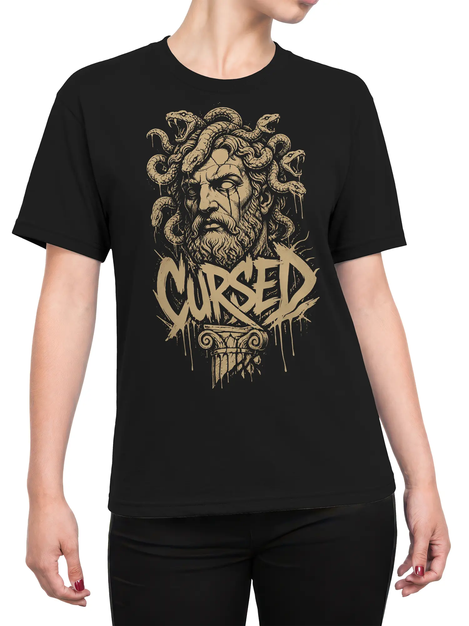 Female torso wearing a black T-shirt with a beige cursed gorgon and serpent graphic across the front