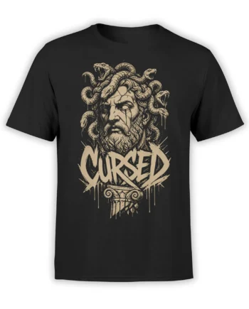 Black T-shirt with a cursed gorgon face, writhing serpents, beige distressed lettering, and a cracked column