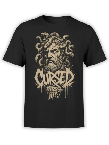 Black T-shirt with a cursed gorgon face, writhing serpents, beige distressed lettering, and a cracked column