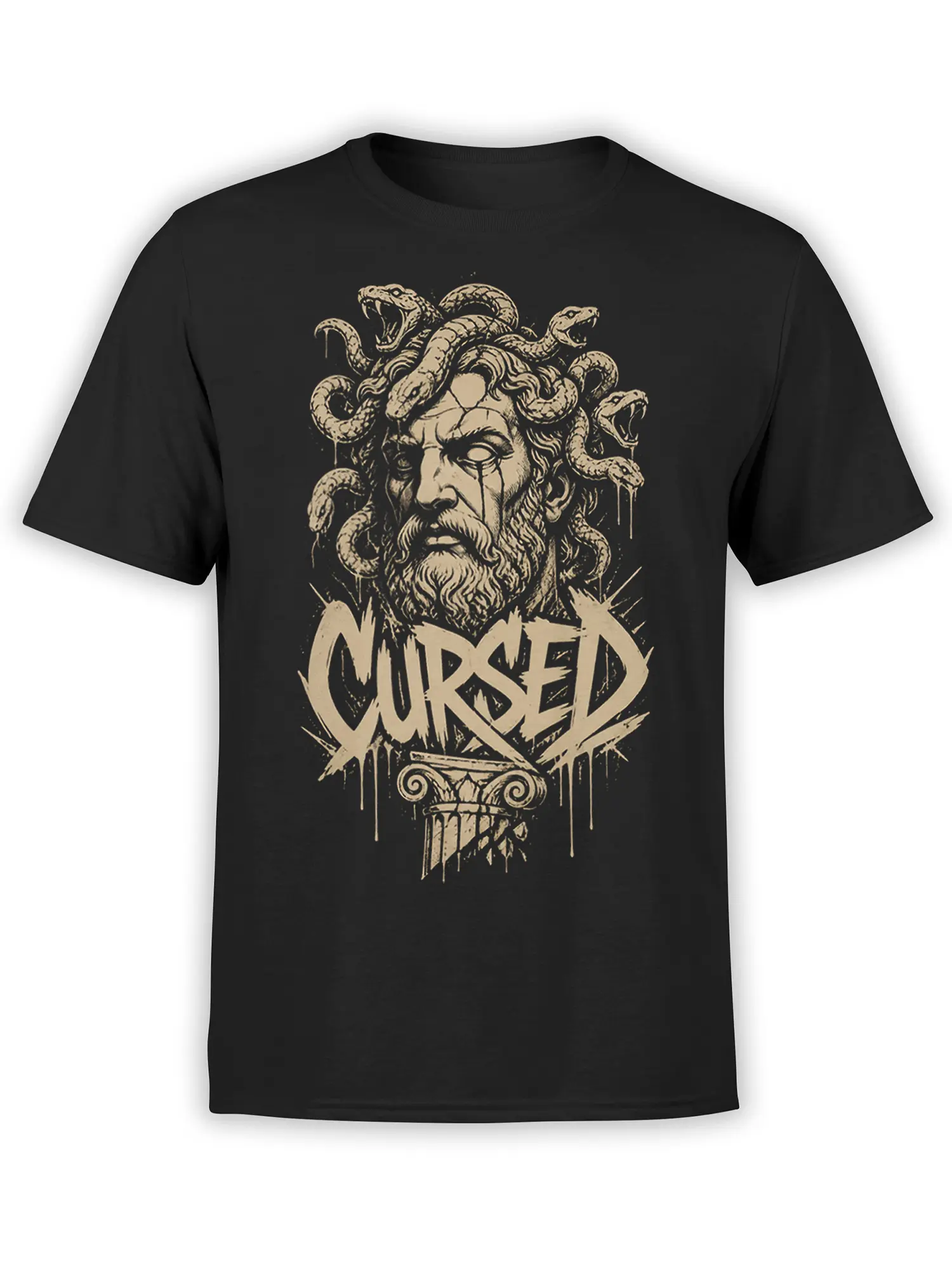 Black T-shirt with a cursed gorgon face, writhing serpents, beige distressed lettering, and a cracked column