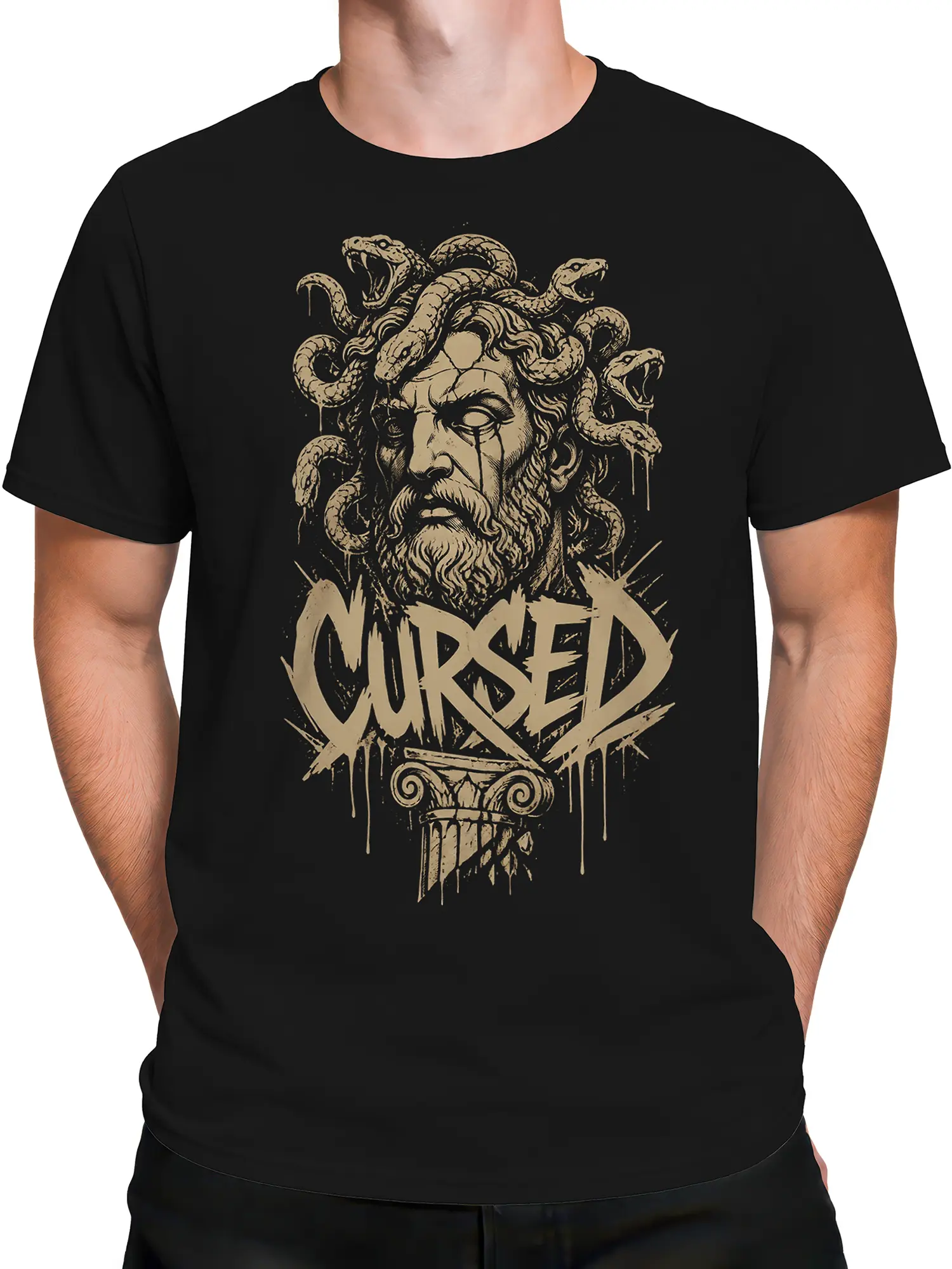 Male torso wearing a black mythology T-shirt with a beige gorgon, serpents, and distressed CURSED design