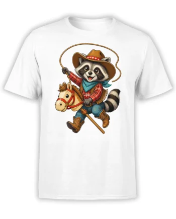 White T-shirt featuring a smiling raccoon cowboy riding a horse with a lasso in a colorful western design