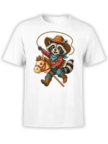 White T-shirt featuring a smiling raccoon cowboy riding a horse with a lasso in a colorful western design