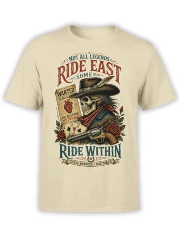 Beige T-shirt with a vintage Western skull, cowboy hat, revolver, roses, playing cards, and bold lettering