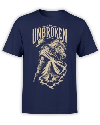 Unbroken cowboy T-shirt in navy with a horse, rider, revolver, and vintage western artwork