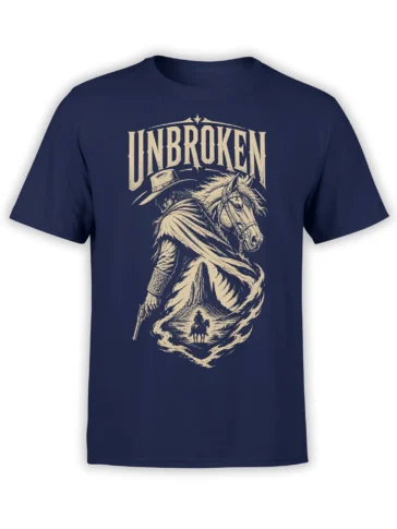 Unbroken cowboy T-shirt in navy with a horse, rider, revolver, and vintage western artwork