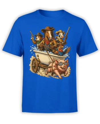 Western animal posse graphic with horse, dog, cow, chicken, and goggle-wearing pig on a blue T-shirt