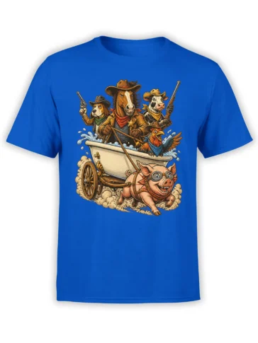 Western animal posse graphic with horse, dog, cow, chicken, and goggle-wearing pig on a blue T-shirt