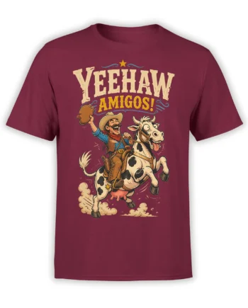 Vintage cowboy riding a leaping cow with Yeehaw Amigos lettering on a burgundy T-shirt