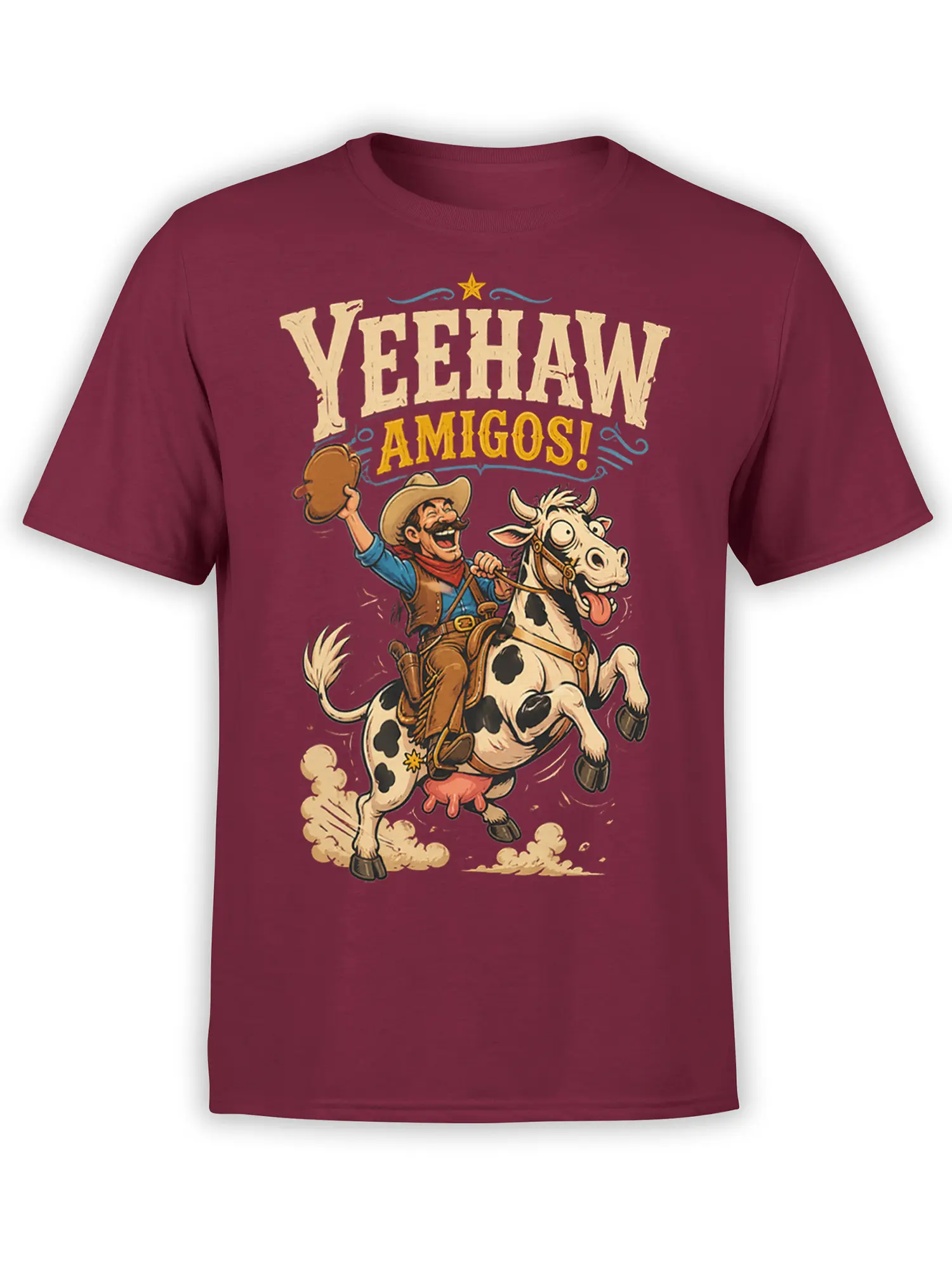 Vintage cowboy riding a leaping cow with Yeehaw Amigos lettering on a burgundy T-shirt