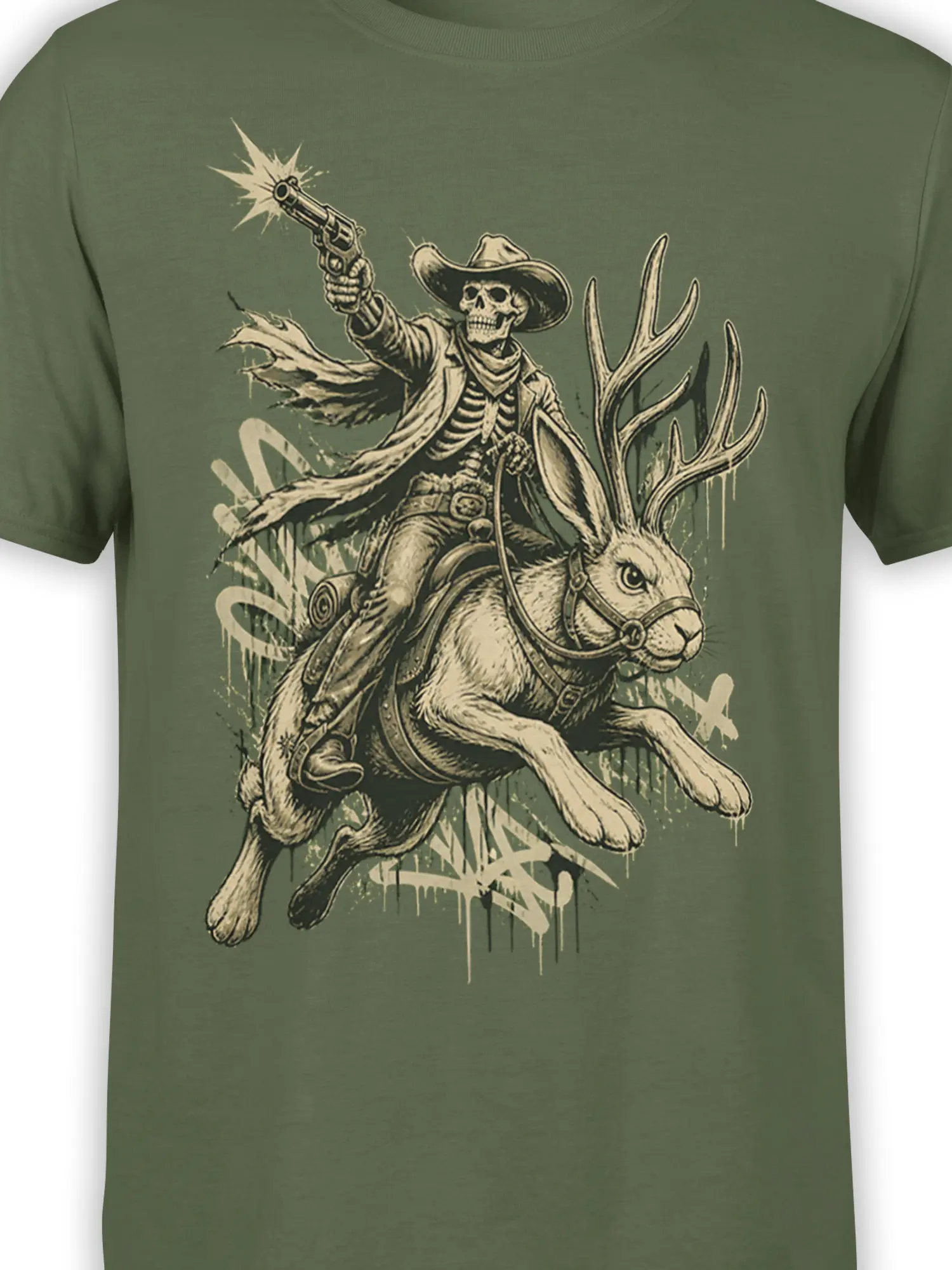 Close-up of skeleton cowboy and long-eared rabbit artwork on an olive green T-shirt