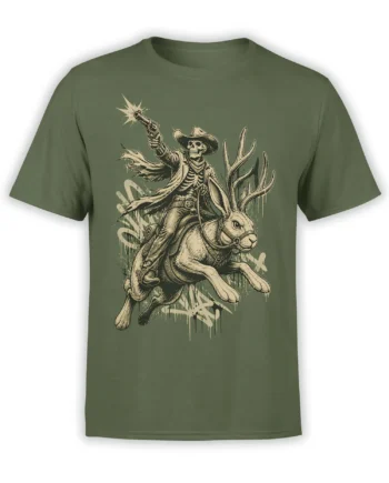 Olive green T-shirt with a skeleton cowboy riding a charging rabbit and firing a revolver