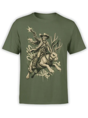 Olive green T-shirt with a skeleton cowboy riding a charging rabbit and firing a revolver