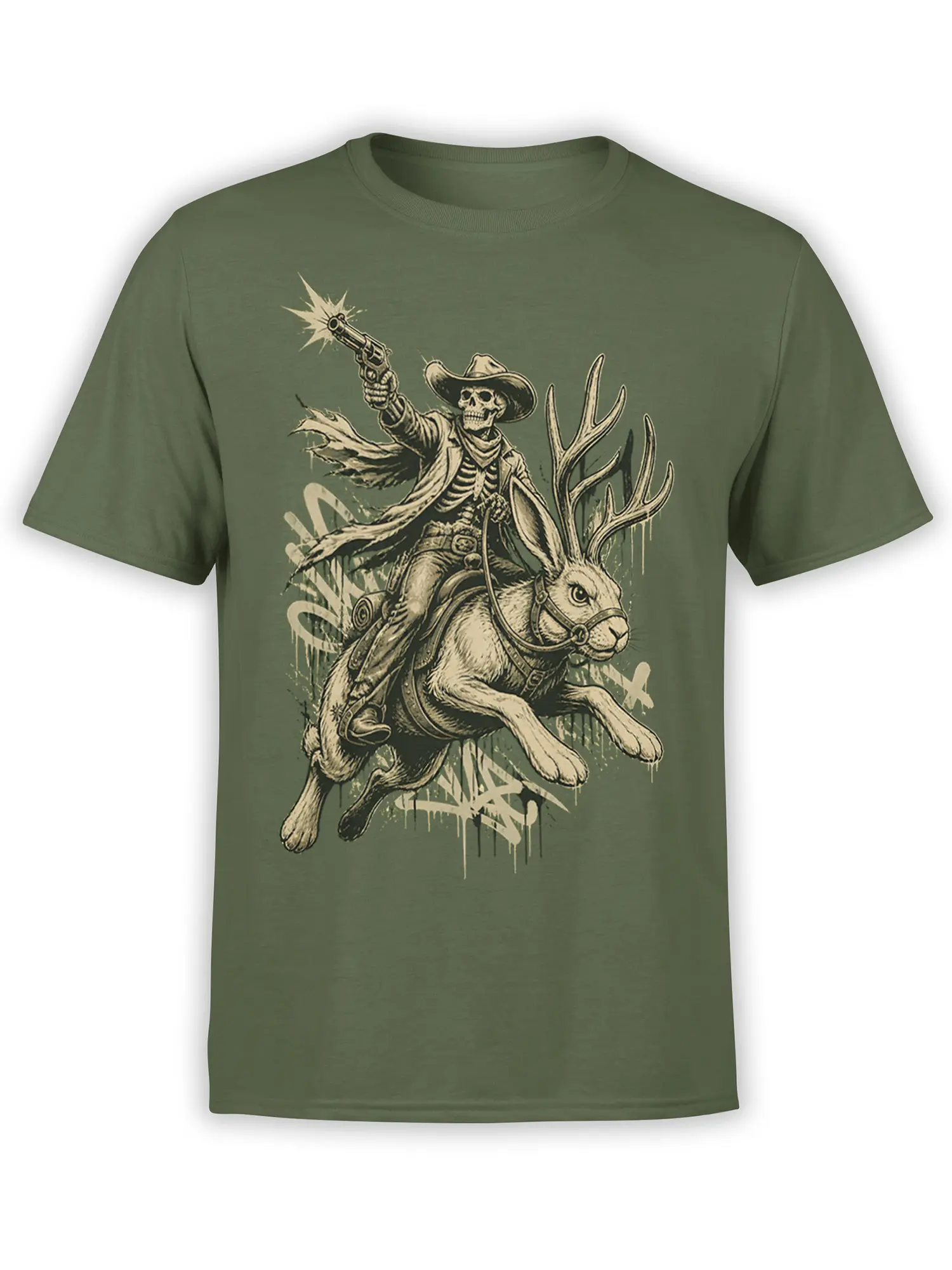 Olive green T-shirt with a skeleton cowboy riding a charging rabbit and firing a revolver