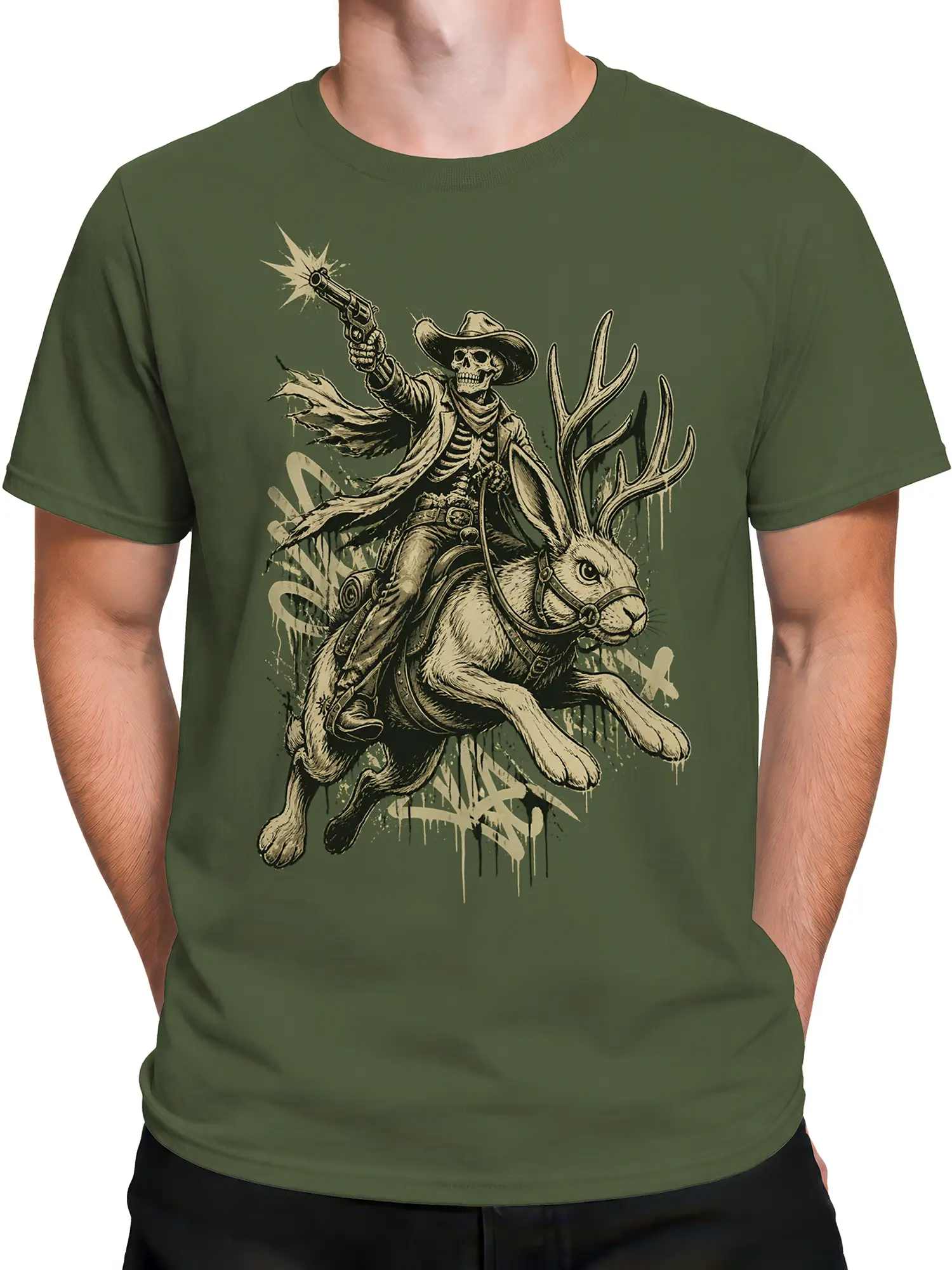 Male torso wearing an olive green skeleton cowboy rabbit western T-shirt