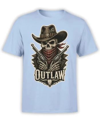 Skeleton outlaw cowboy with crossed revolvers and bull skull on a light blue Western T-shirt