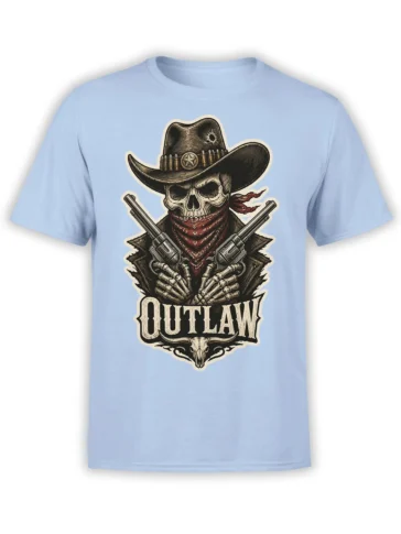 Skeleton outlaw cowboy with crossed revolvers and bull skull on a light blue Western T-shirt