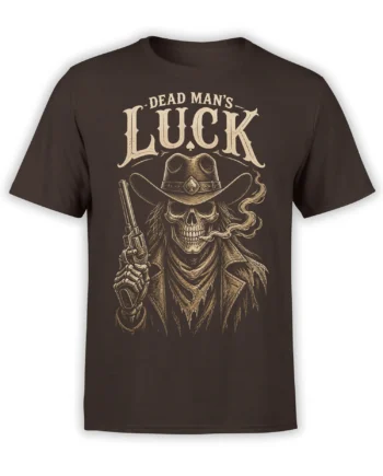 Brown cowboy skull T-shirt with vintage Dead Man's Luck lettering, revolver, wide-brim hat, and curling smoke