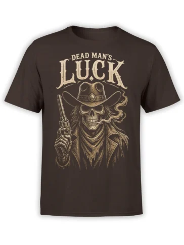 Brown cowboy skull T-shirt with vintage Dead Man's Luck lettering, revolver, wide-brim hat, and curling smoke