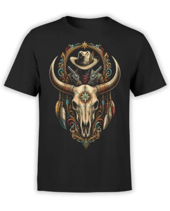 Black western T-shirt with masked cowboy, crossed revolvers, feathers, and ornate bull skull artwork