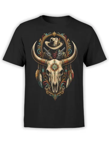 Black western T-shirt with masked cowboy, crossed revolvers, feathers, and ornate bull skull artwork