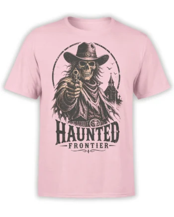 Pink T-shirt with a vintage skull cowboy holding a revolver beneath Haunted Frontier lettering