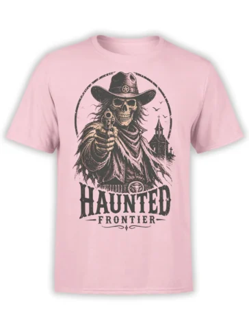 Pink T-shirt with a vintage skull cowboy holding a revolver beneath Haunted Frontier lettering