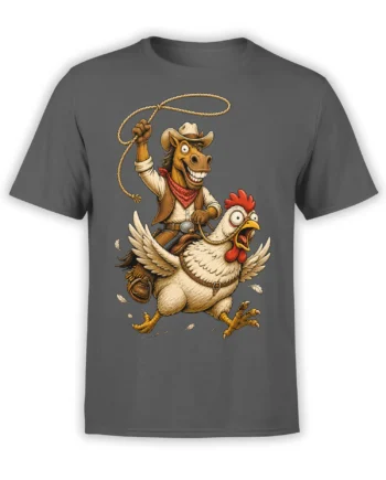 Gray T-shirt with a cowboy horse riding a flying chicken and swinging a lasso in vintage western artwork