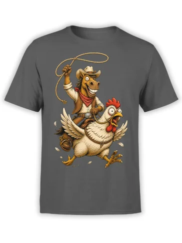 Gray T-shirt with a cowboy horse riding a flying chicken and swinging a lasso in vintage western artwork