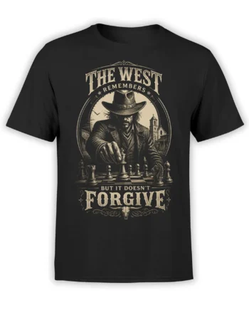Black western T-shirt with a cowboy, chessboard, frontier town, and “The West Remembers” artwork