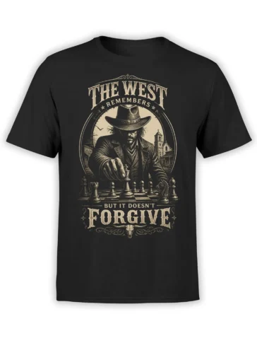 Black western T-shirt with a cowboy, chessboard, frontier town, and “The West Remembers” artwork
