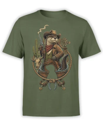 Green otter cowboy T-shirt with revolver, cactus, bull skull, windmill, rope, and horseshoe artwork