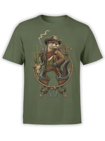 Green otter cowboy T-shirt with revolver, cactus, bull skull, windmill, rope, and horseshoe artwork