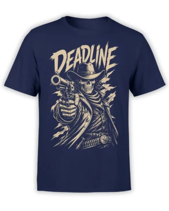 Front view of navy T-shirt with DEADLINE lettering and skeleton cowboy holding a revolver