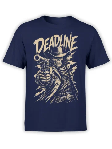 Front view of navy T-shirt with DEADLINE lettering and skeleton cowboy holding a revolver