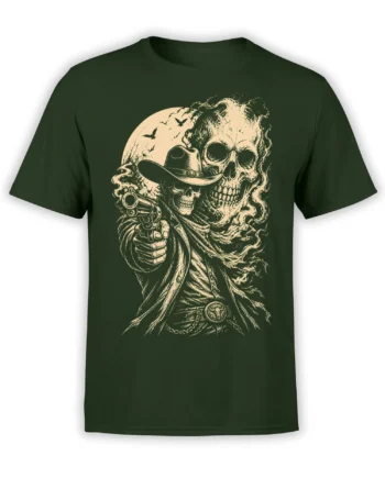 Cowboy skeleton skull T-shirt in dark green with a revolver, full moon, and flying bats