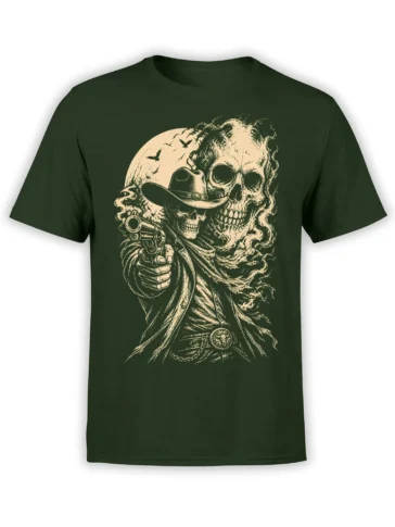 Cowboy skeleton skull T-shirt in dark green with a revolver, full moon, and flying bats