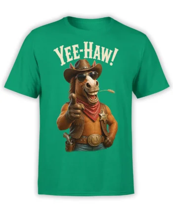 Green T-shirt with smiling cowboy horse, Yee-Haw lettering, sunglasses, red bandana, and HAY LAW badge