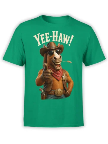 Green T-shirt with smiling cowboy horse, Yee-Haw lettering, sunglasses, red bandana, and HAY LAW badge