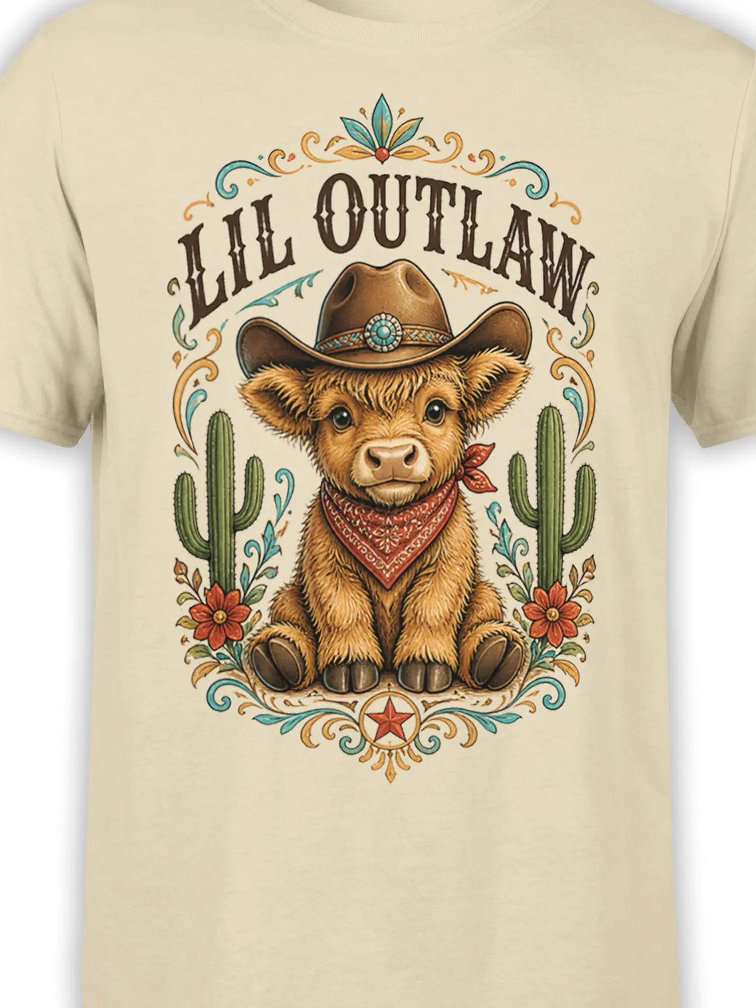 Detailed highland cow cowboy graphic with cactus, flowers, bandana, and vintage lettering on beige fabric