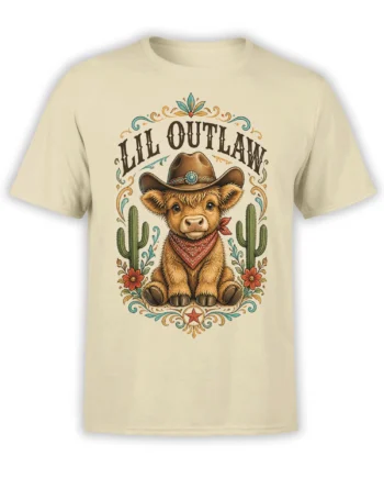 Young highland cow in cowboy hat and red bandana on a beige western graphic T-shirt