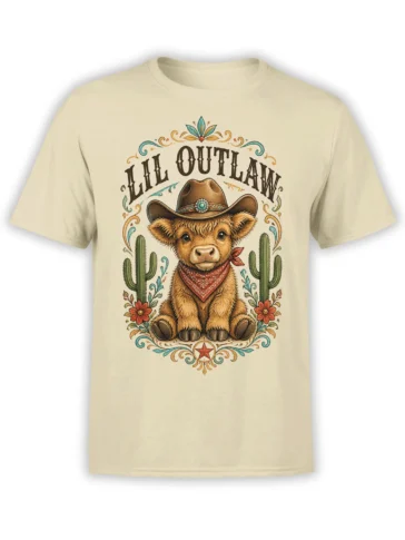 Young highland cow in cowboy hat and red bandana on a beige western graphic T-shirt