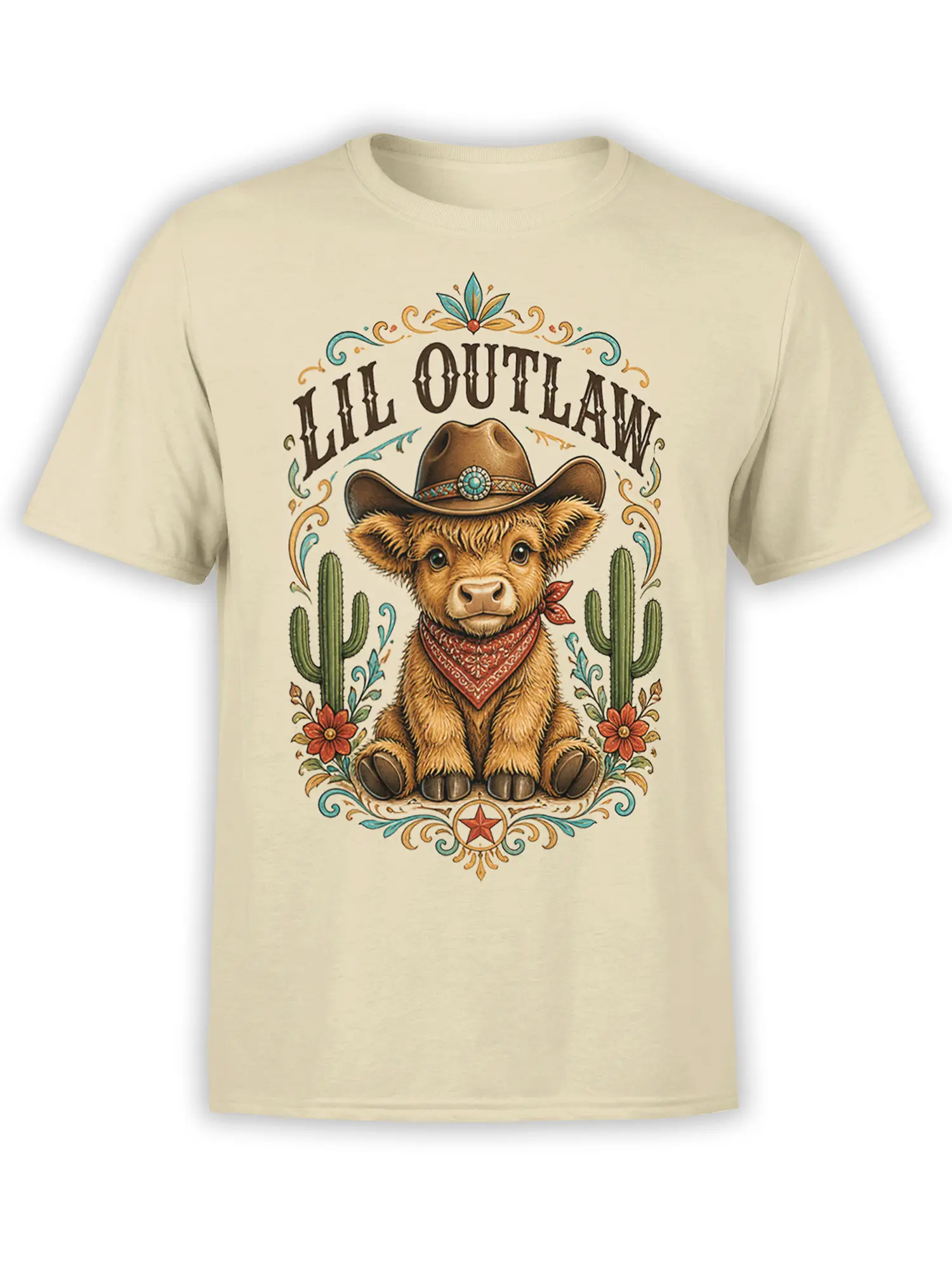 Young highland cow in cowboy hat and red bandana on a beige western graphic T-shirt