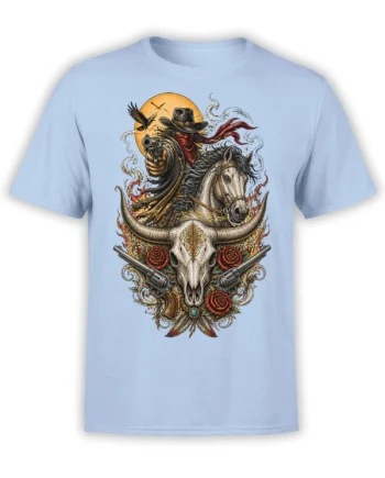 Light blue cowboy T-shirt with masked rider, horse, revolvers, roses, eagle, moon, and bull skull design